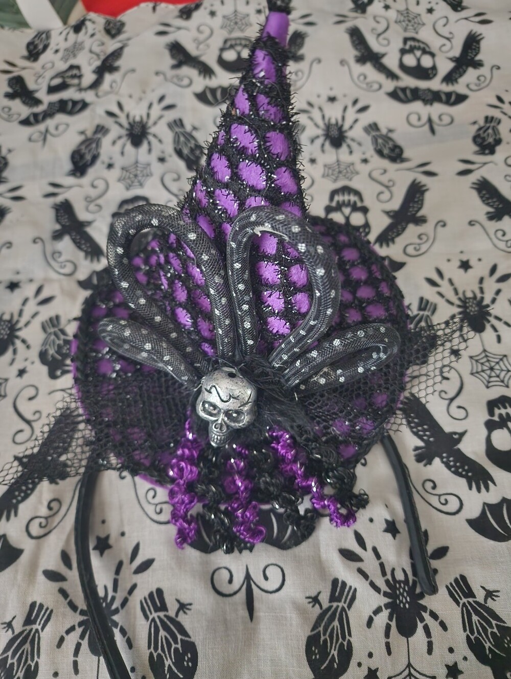 Purple Gothic Witch Mini Hat Headband with Skull Accent